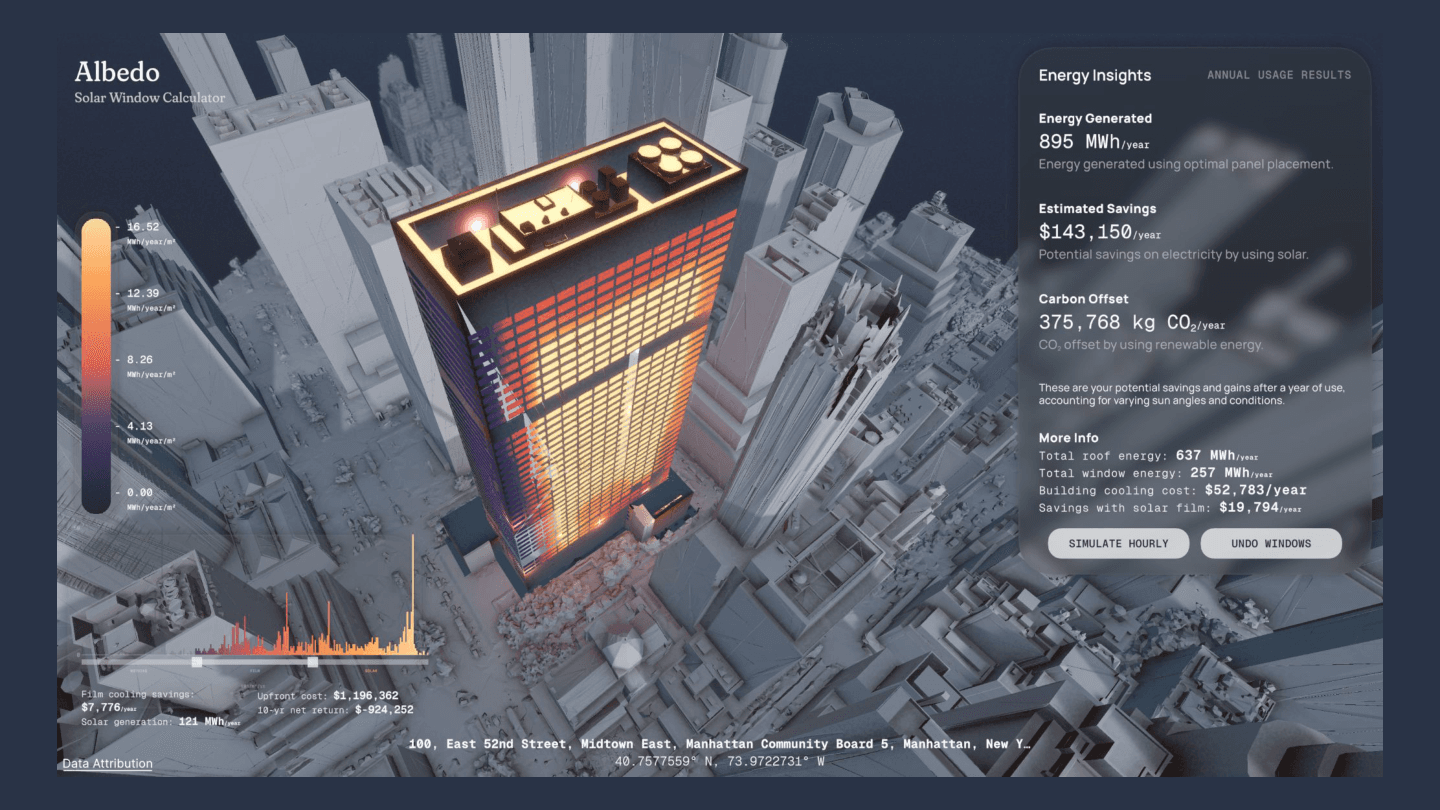 Albedo showing irradiance heatmap on a NYC skyscraper with energy insights panel