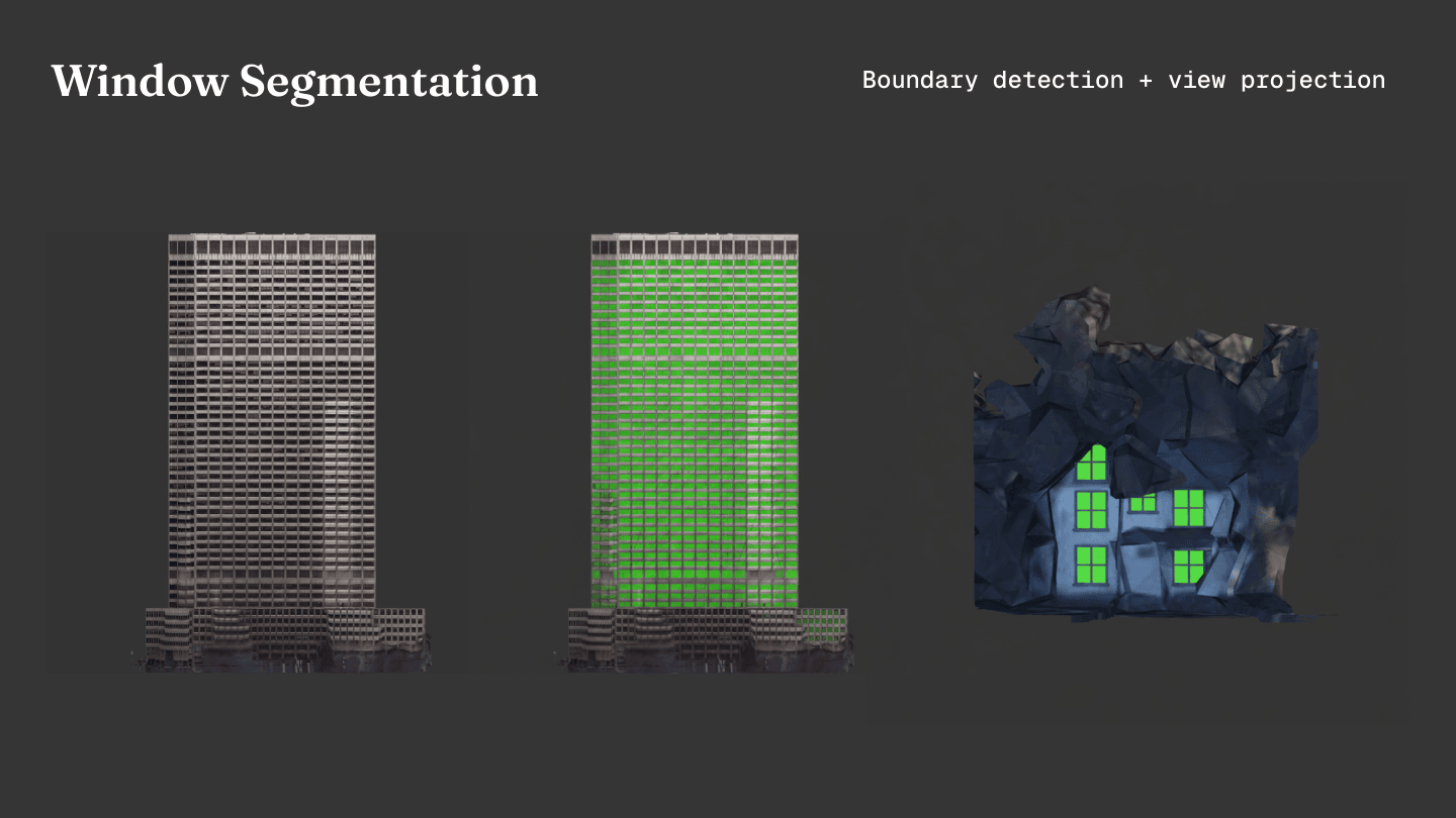 Window segmentation pipeline: original building, Gemini-detected windows (green), and 3D mesh projection